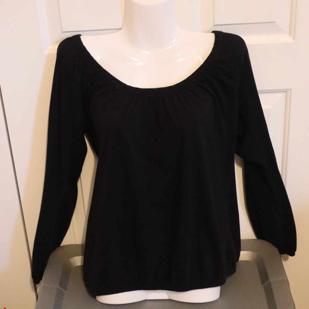 Old Navy Black Long Sleeve Blouse Elastic Neck, Waist and Cuffs Cotton/Modal Med
